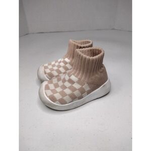Eashi Kids Checkered Knit Sock Shoes Toddler Slip On Sneakers Beige White size 5